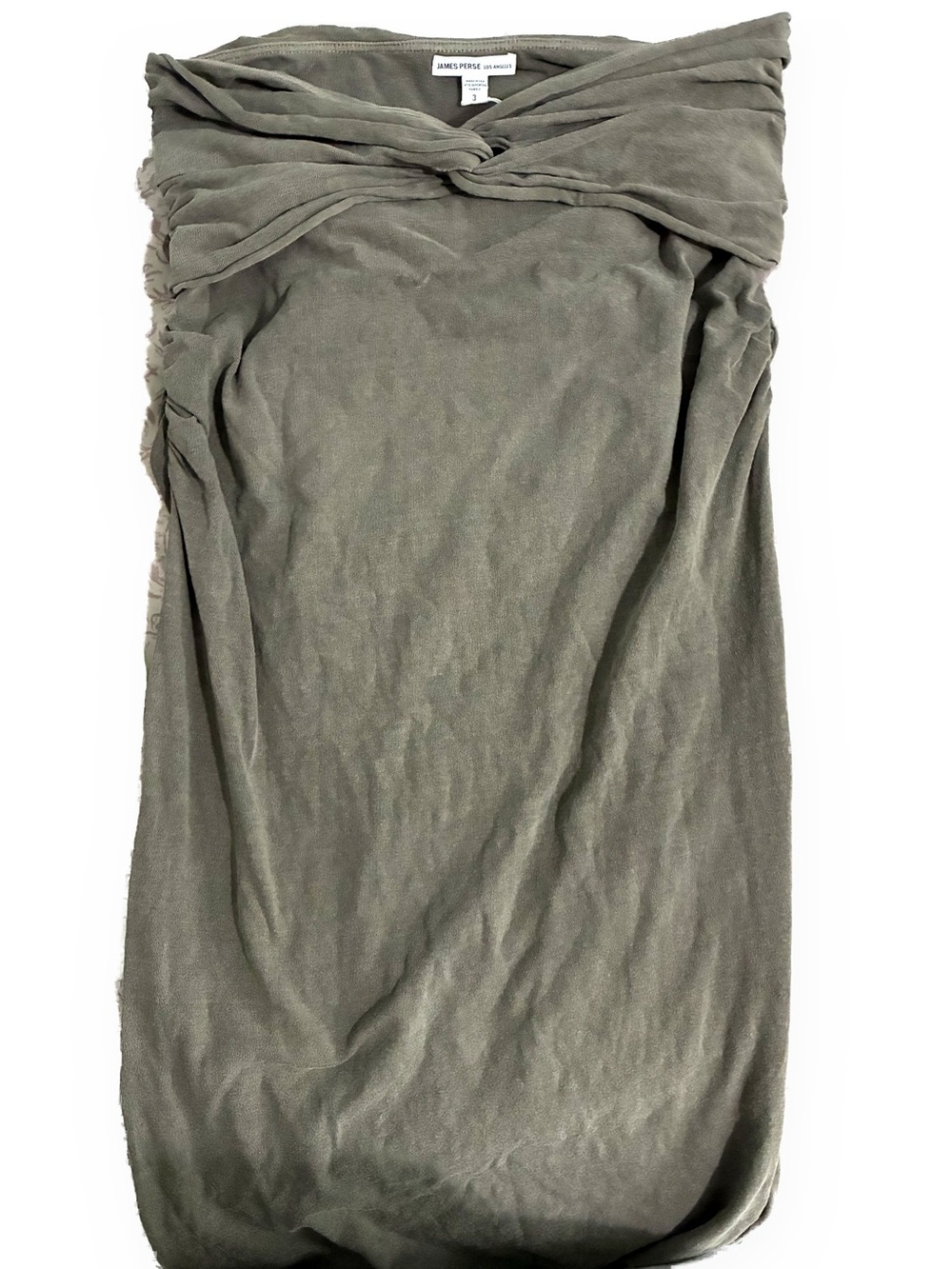 James Perse Olive Green Jersey Twist Front Ruched Strapless Dress Size 3 / L